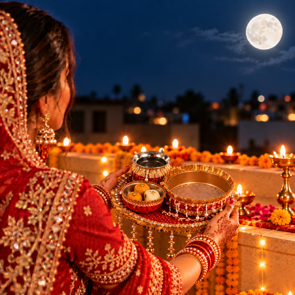 Red & Gold Karwa Chauth Pooja Thali Set with Karwa, Bowls & Decorative Sieve