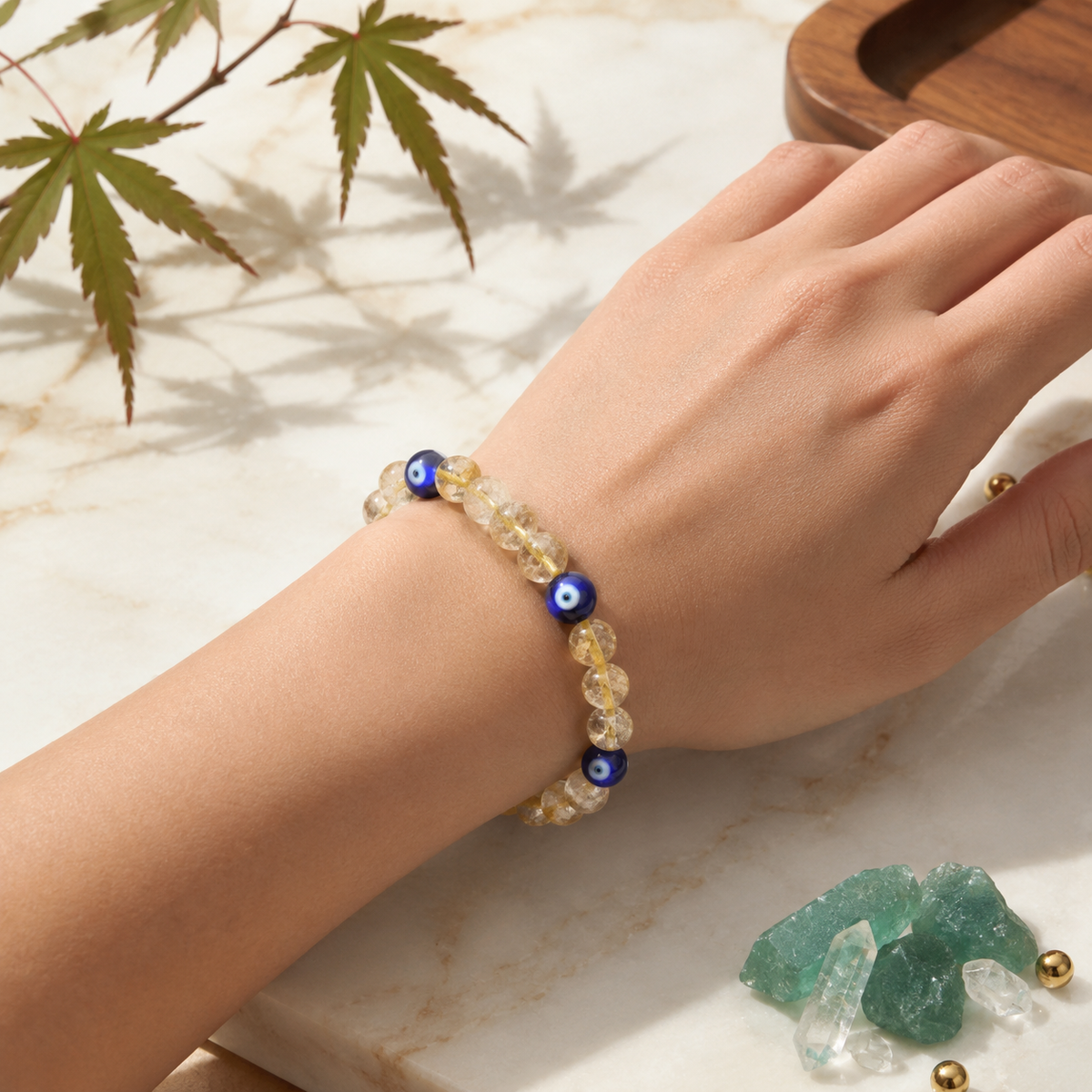 Natural Citrine & Evil Eye Stone Bracelet for Prosperity, Protection - 8mm