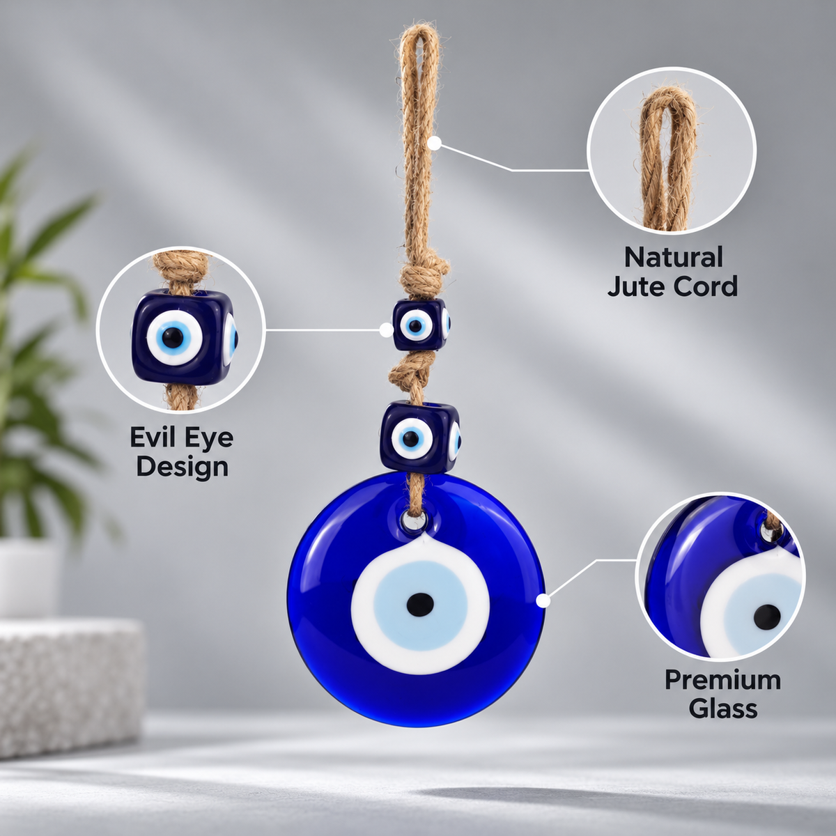 Hanging Evil Eye Protection Charm with Blue Glass Beads & Jute Rope – 26 cm Hight