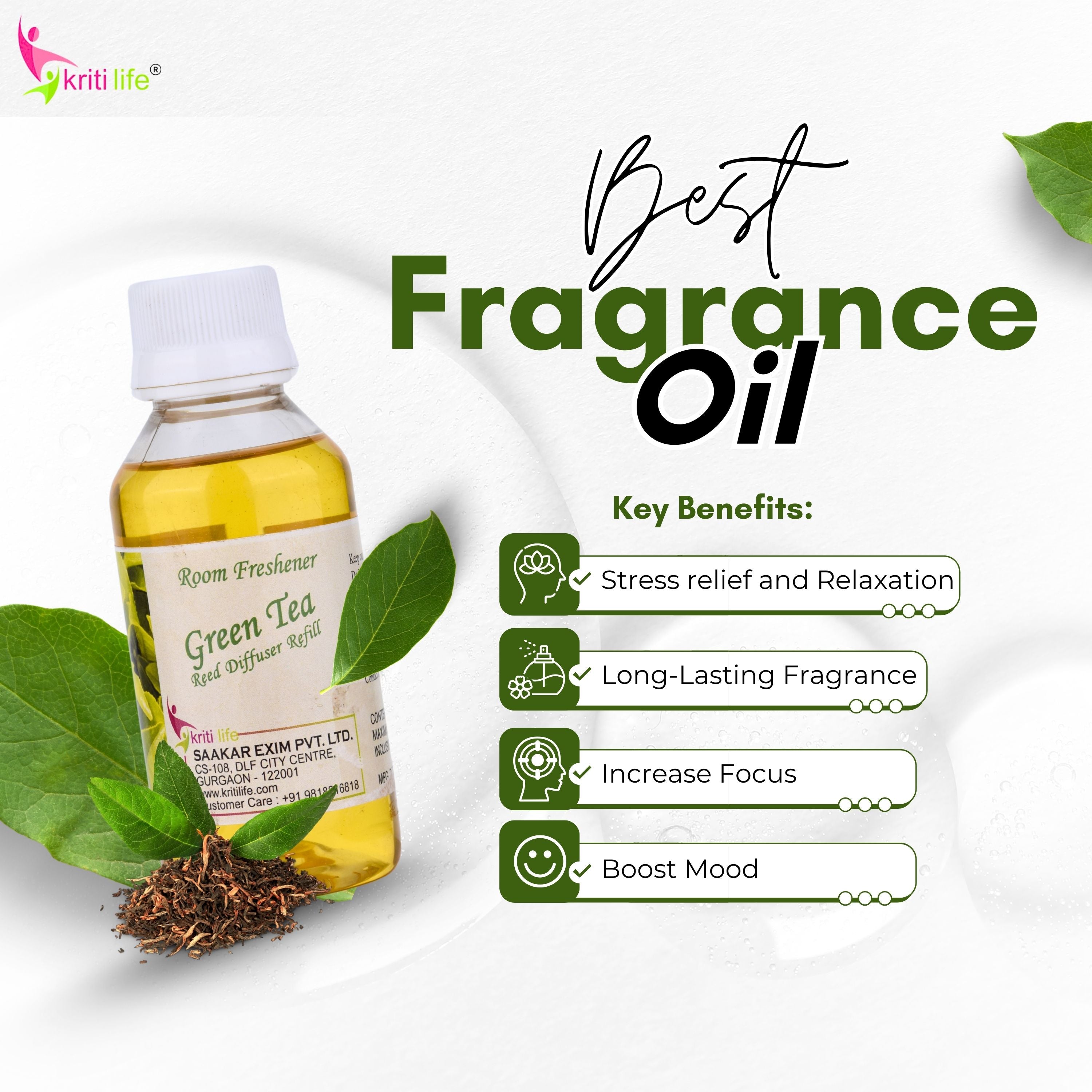 Kriti Life Reed Diffuser Refill - Green Tea 90ML Long-Lasting Room Fragrance