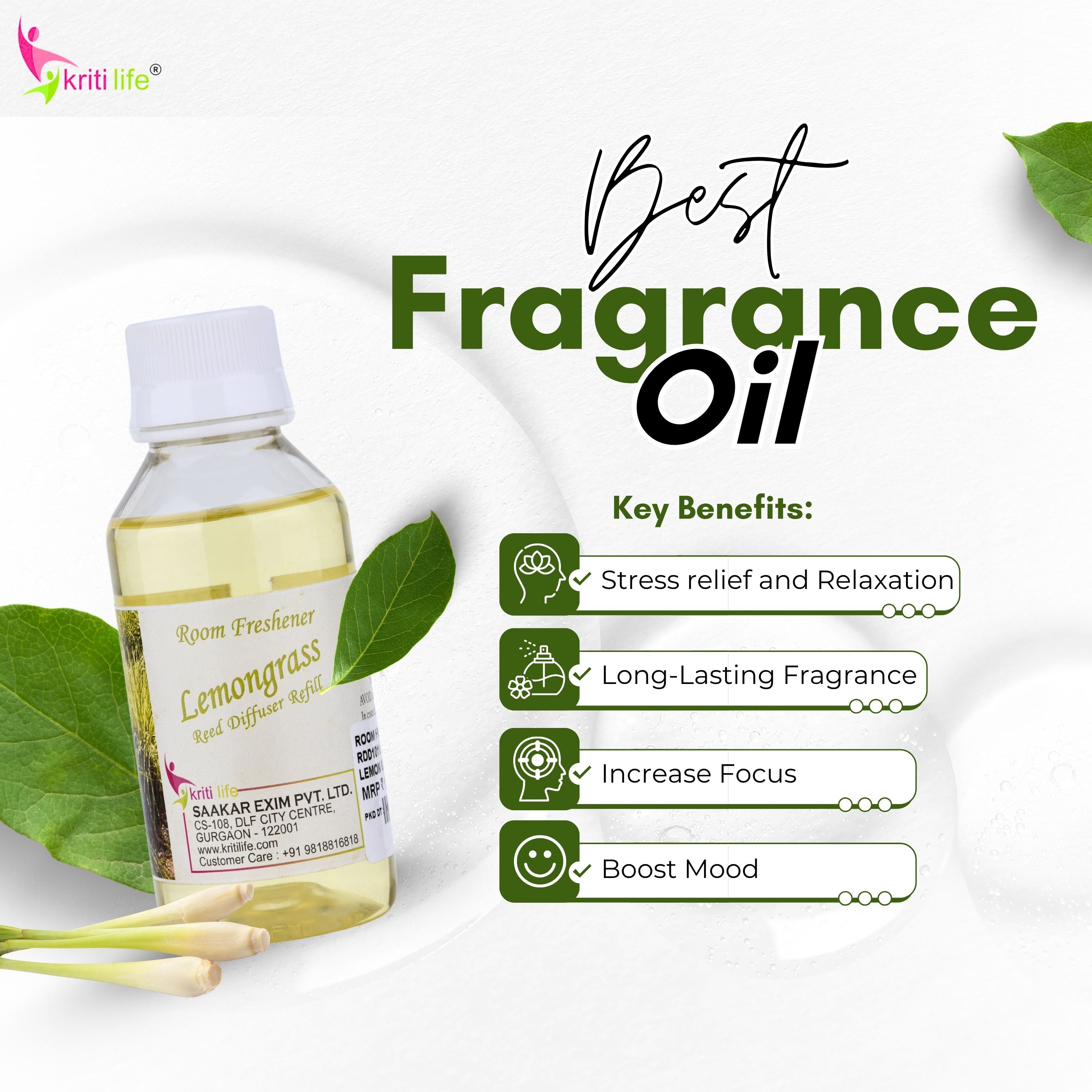 Kriti Life Reed Diffuser Refill - Lemon Grass 90ML Long-Lasting Room Fragrance