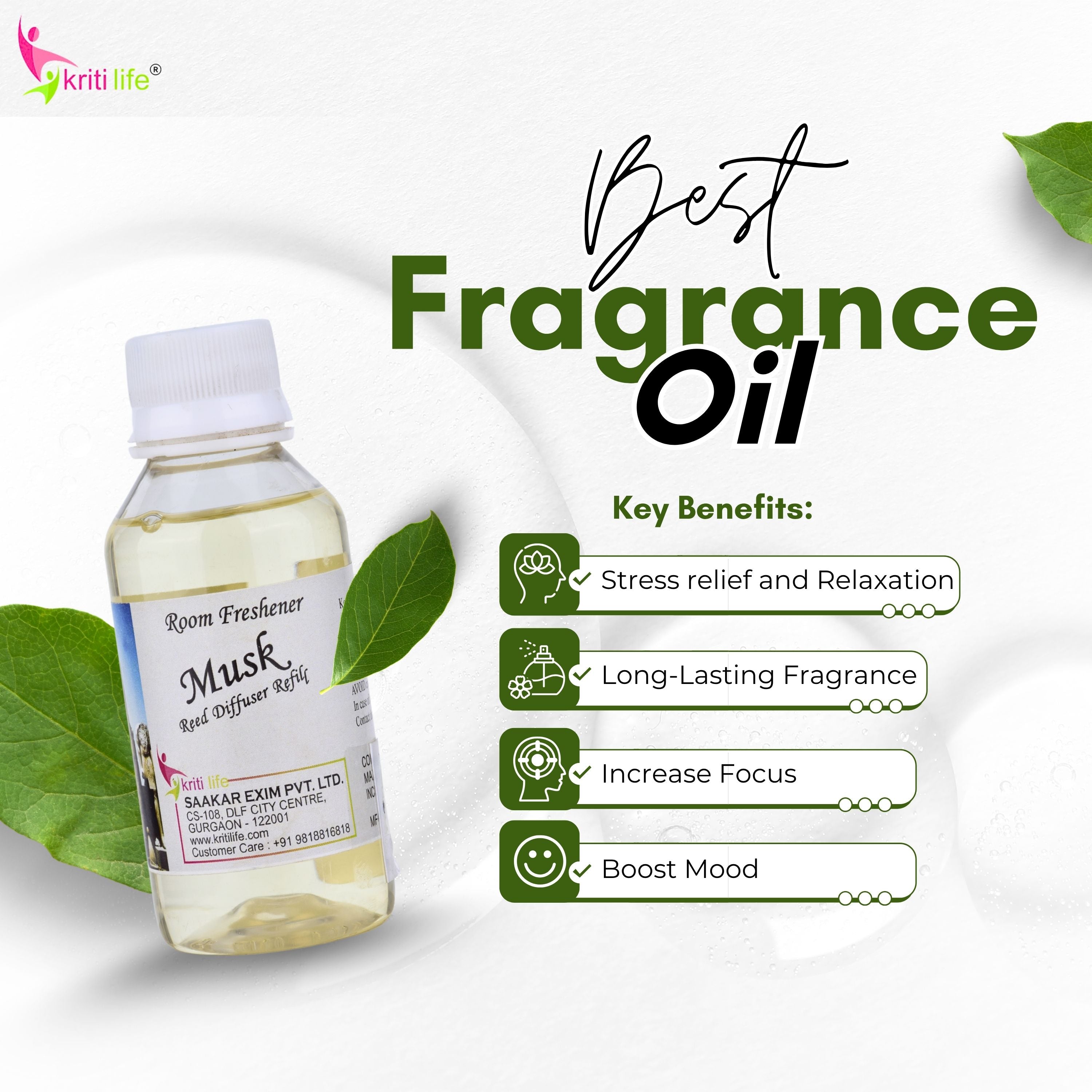 Kriti Life Reed Diffuser Refill - Musk 90ML Long-Lasting Room Fragrance