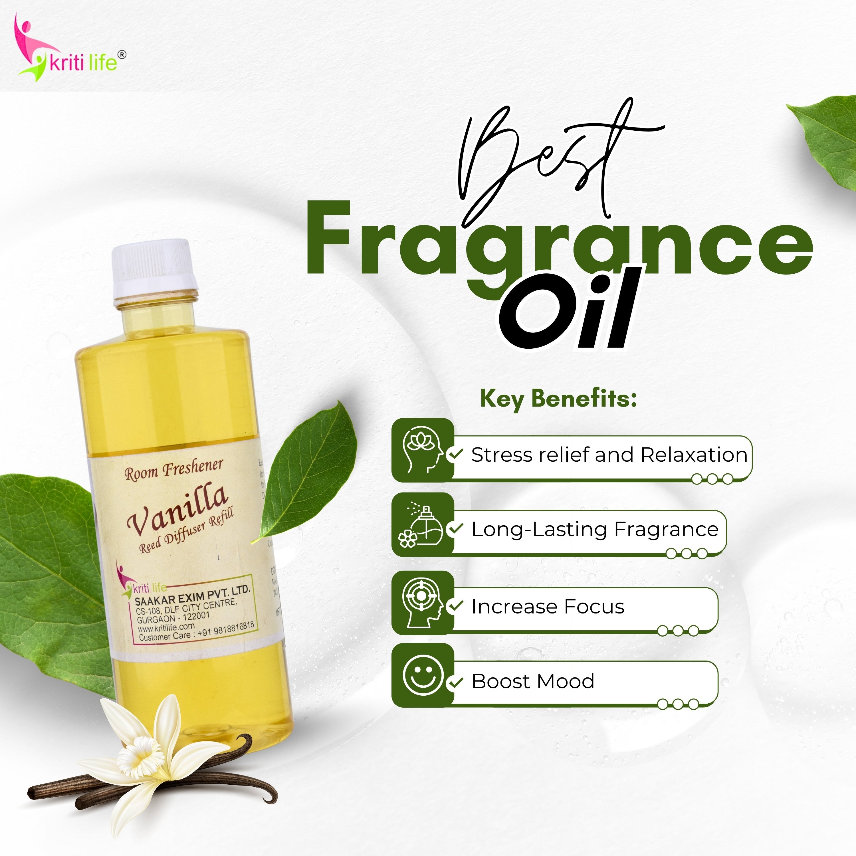 Kriti Life Reed Diffuser Refill - Vanilla 450ML Long-Lasting Room Fragrance