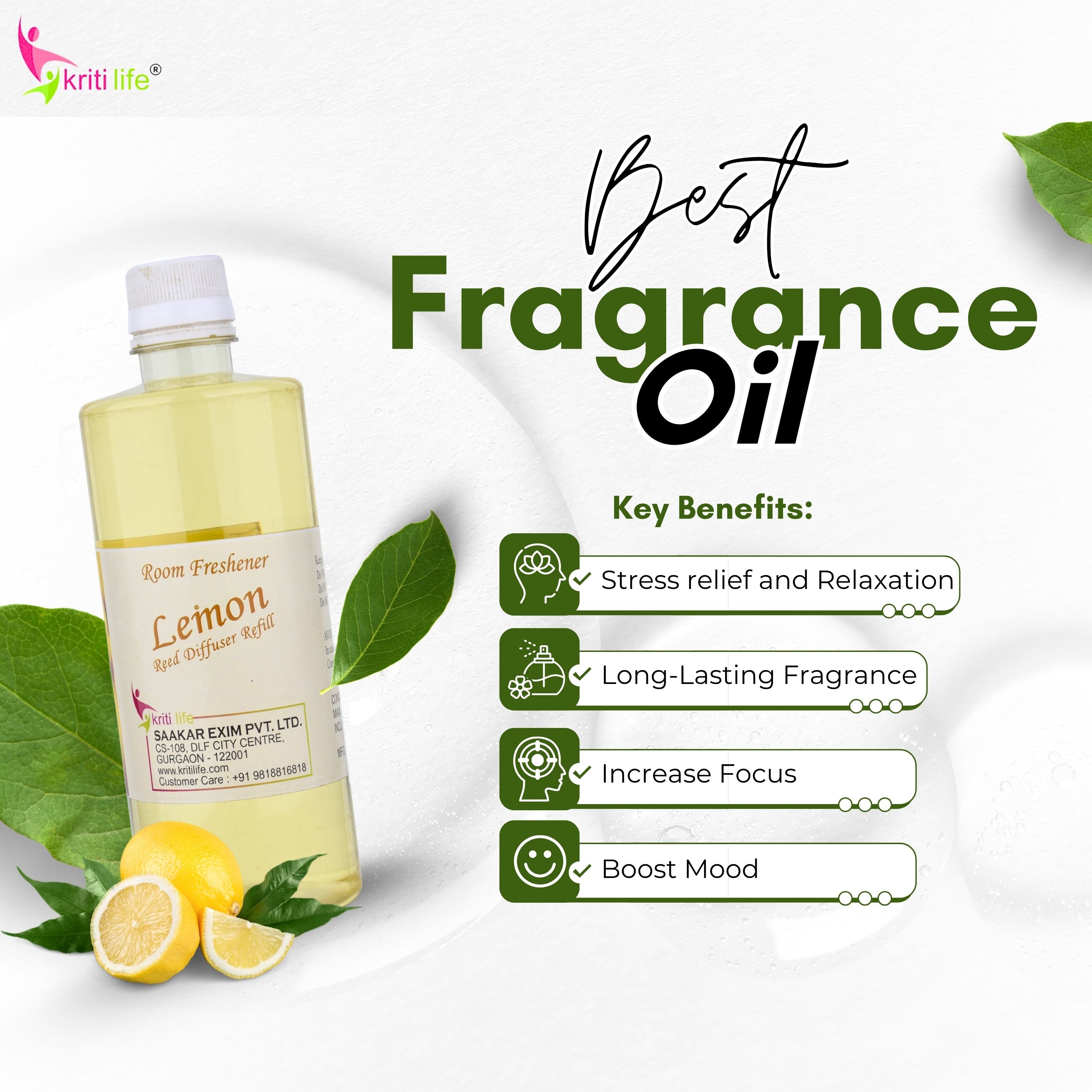 Kriti Life Reed Diffuser Refill - Lemon 450ML Long-Lasting Room Fragrance