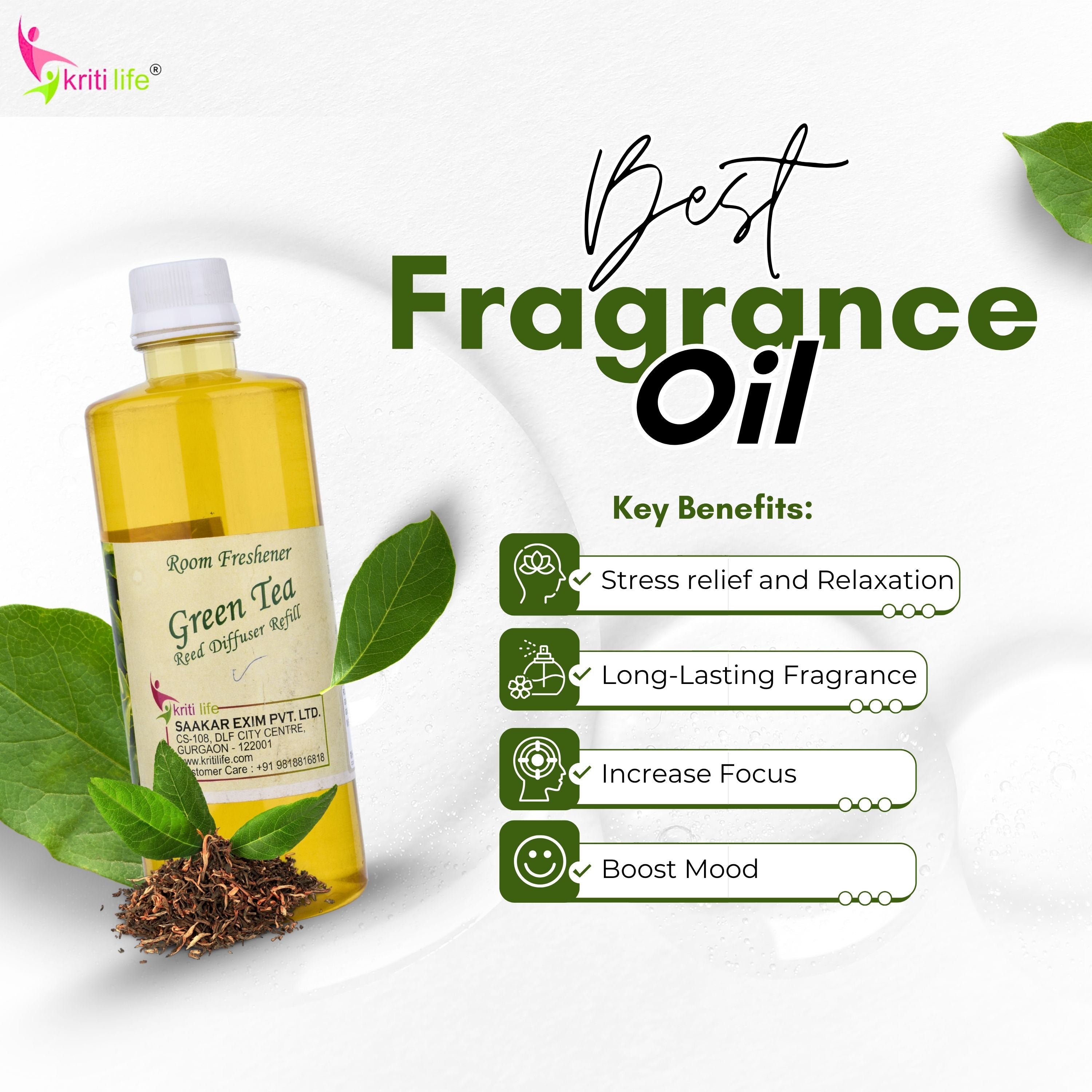 Kriti Life Reed Diffuser Refill - Green Tea 450ML Long-Lasting Room Fragrance