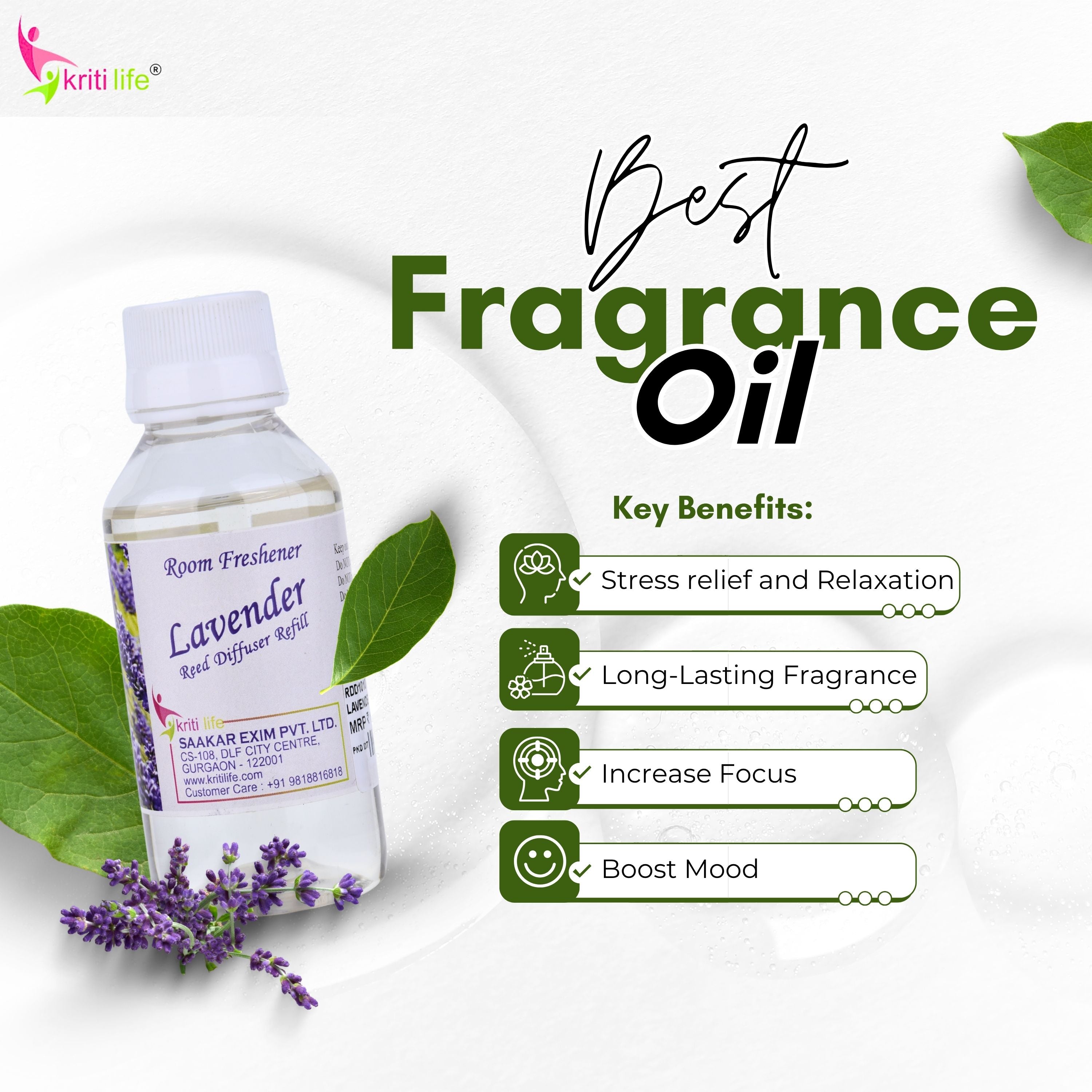 Kriti Life Reed Diffuser Refill - Lavender 90ML Long-Lasting Room Fragrance