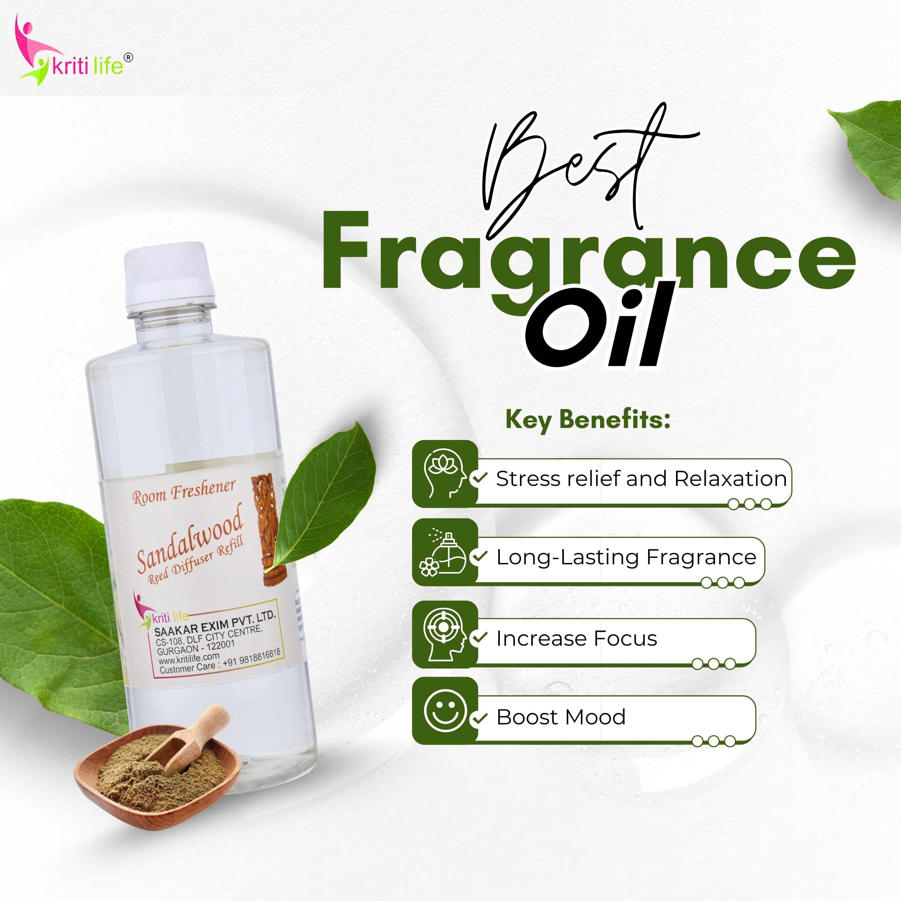 Kriti Life Reed Diffuser Refill - Sandalwood 450ML Long-Lasting Room Fragrance