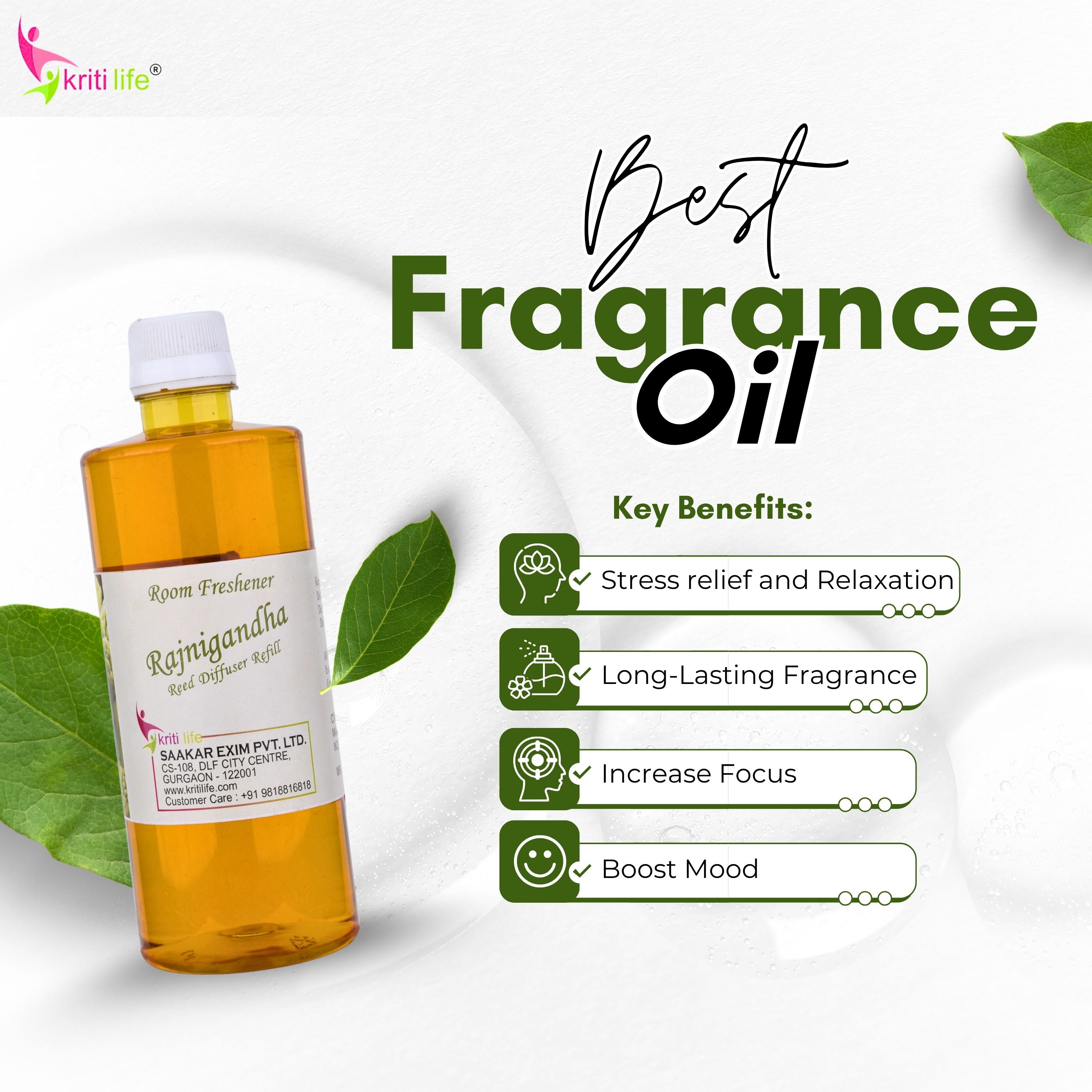 Kriti Life Reed Diffuser Refill - Rajni Gandha 450ML Long-Lasting Room Fragrance