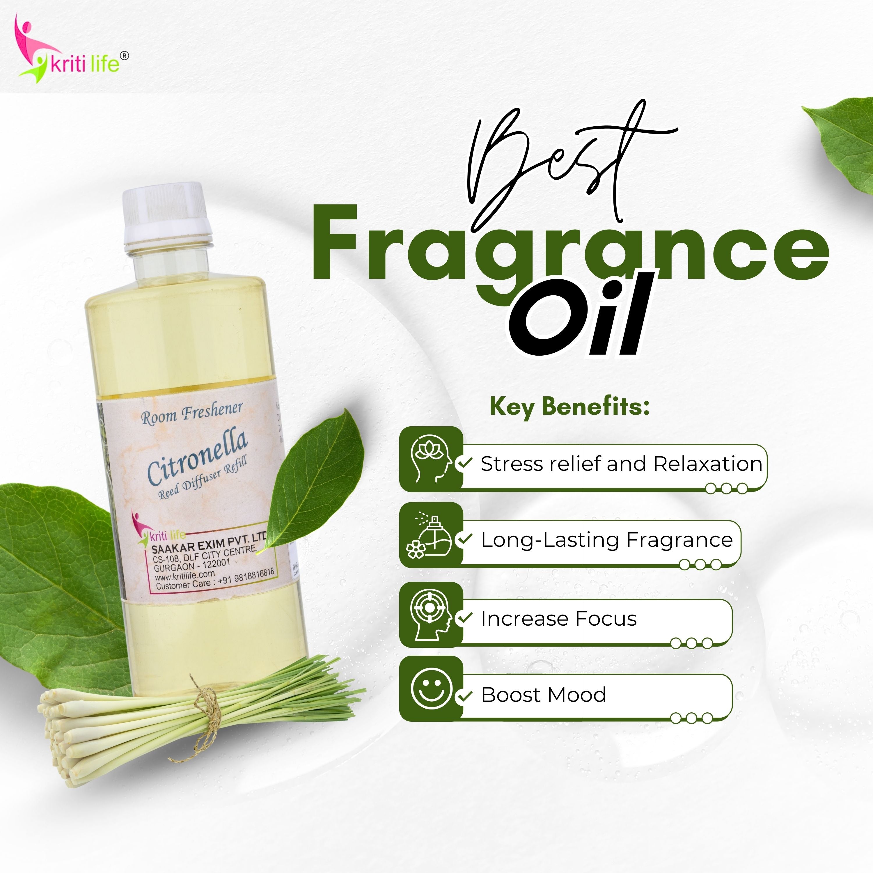 Kriti Life Reed Diffuser Refill - Citronella 450ML Long-Lasting Room Fragrance