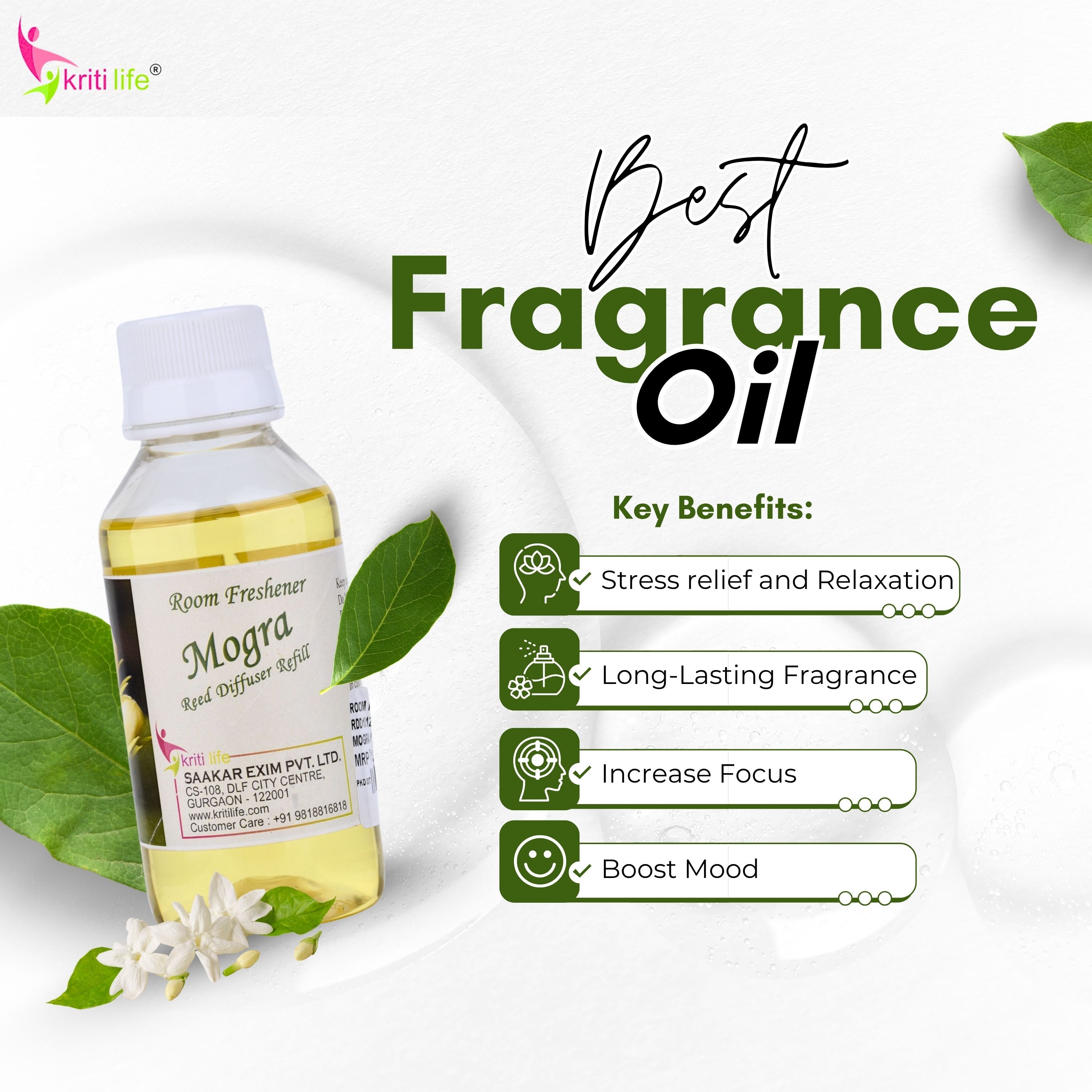 Kriti Life Reed Diffuser Refill - Mogra 90ML Long-Lasting Room Fragrance