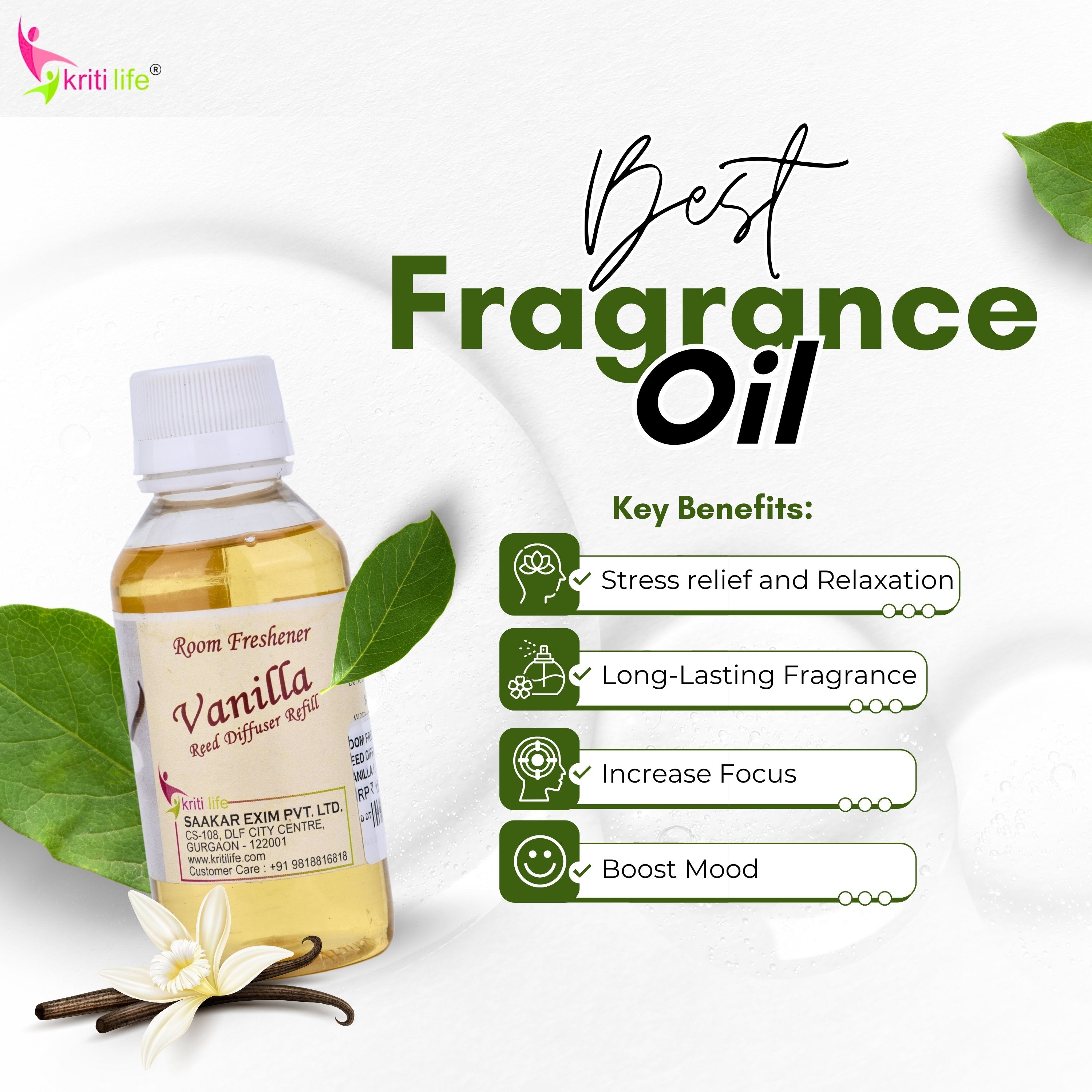 Kriti Life Reed Diffuser Refill - Vanilla 90ML Long-Lasting Room Fragrance