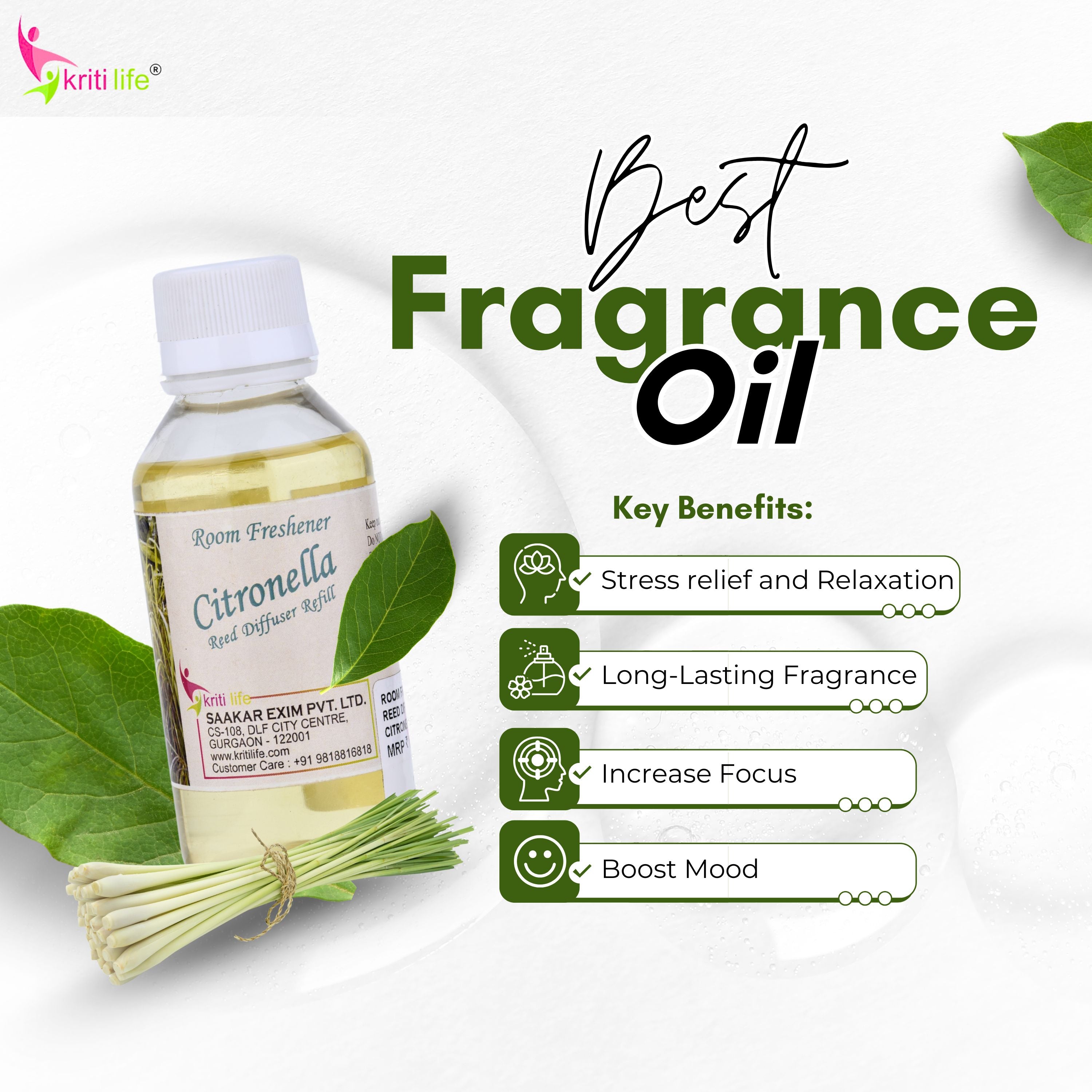 Kriti Life Reed Diffuser Refill - Citronella 90ML Long-Lasting Room Fragrance