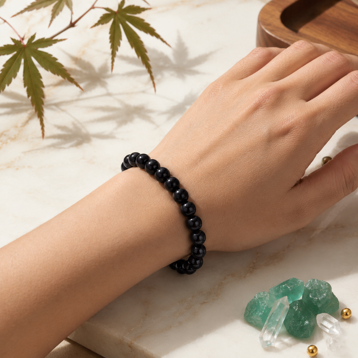 Natural Black Tourmaline Crystal Stone Bracelet 7mm