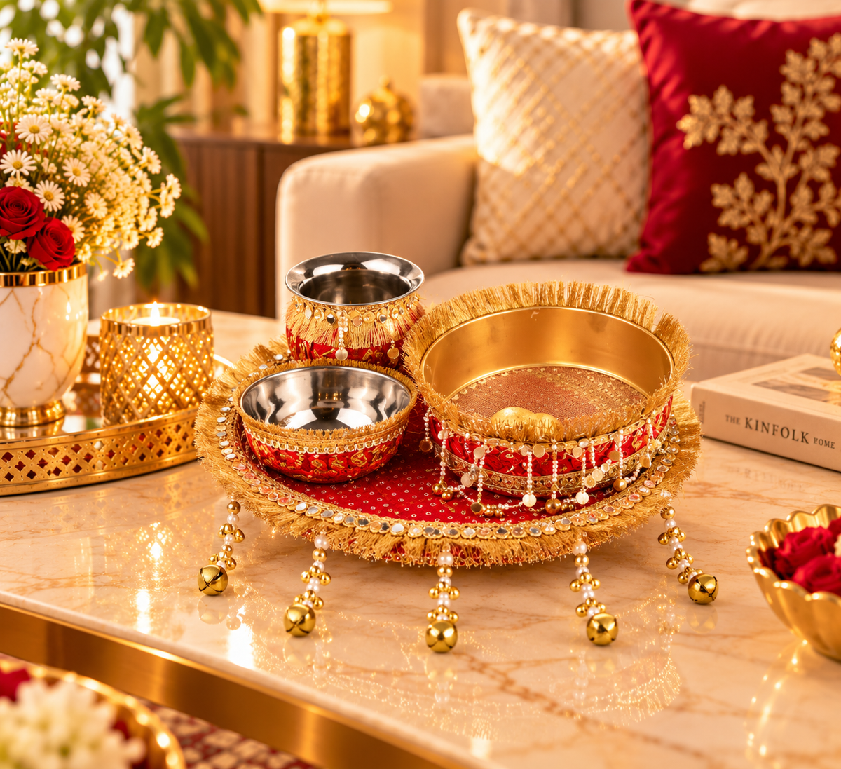 Red & Gold Karwa Chauth Pooja Thali Set with Karwa, Bowls & Decorative Sieve