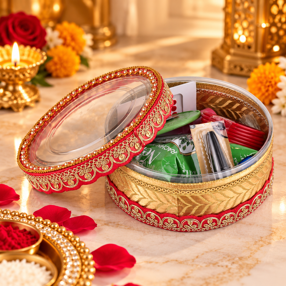 Karwa Chauth Pooja & Makeup Kit with Decorative Box | Traditional Festival Essentials Gift Set