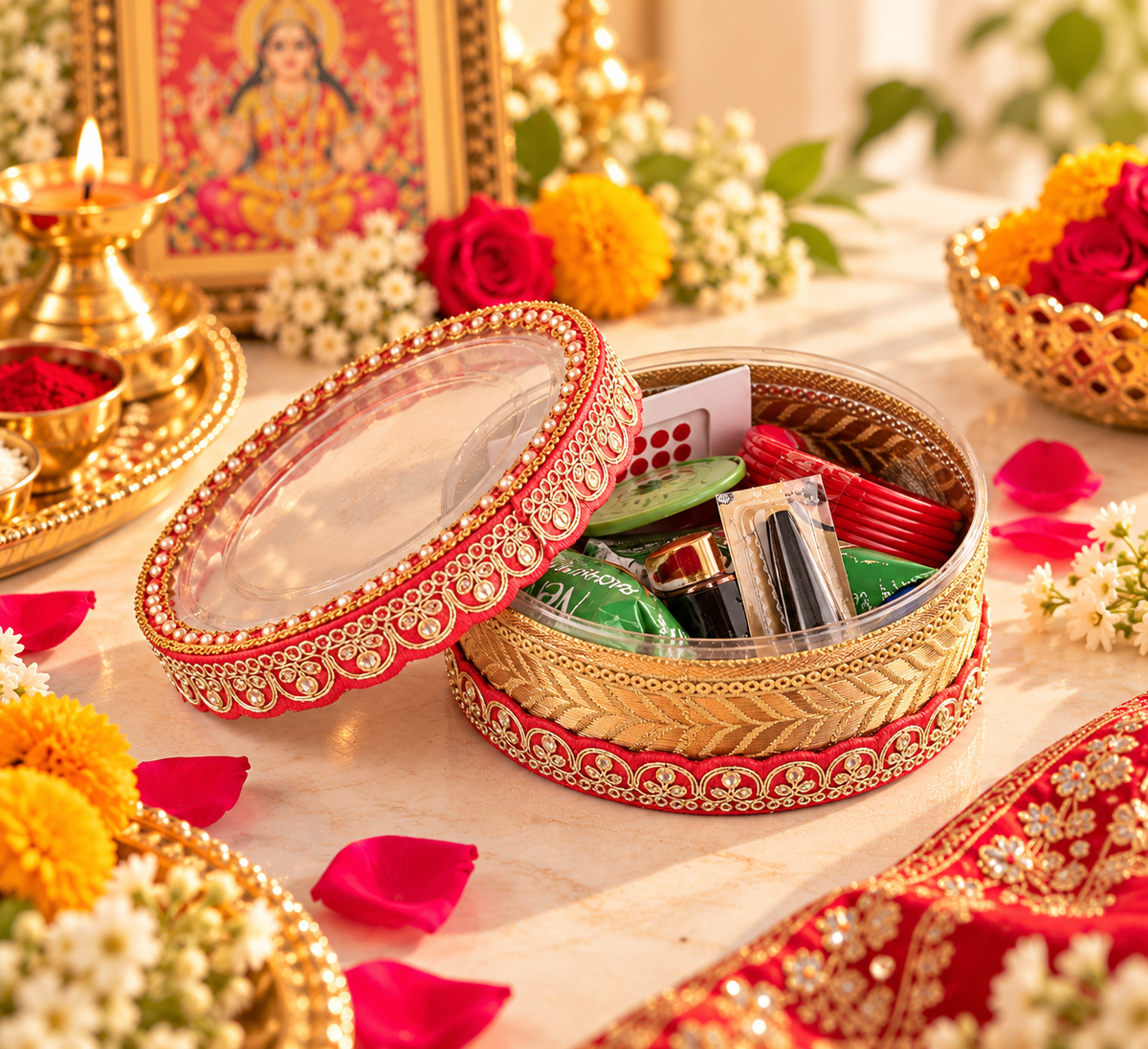Karwa Chauth Pooja & Makeup Kit with Decorative Box | Traditional Festival Essentials Gift Set