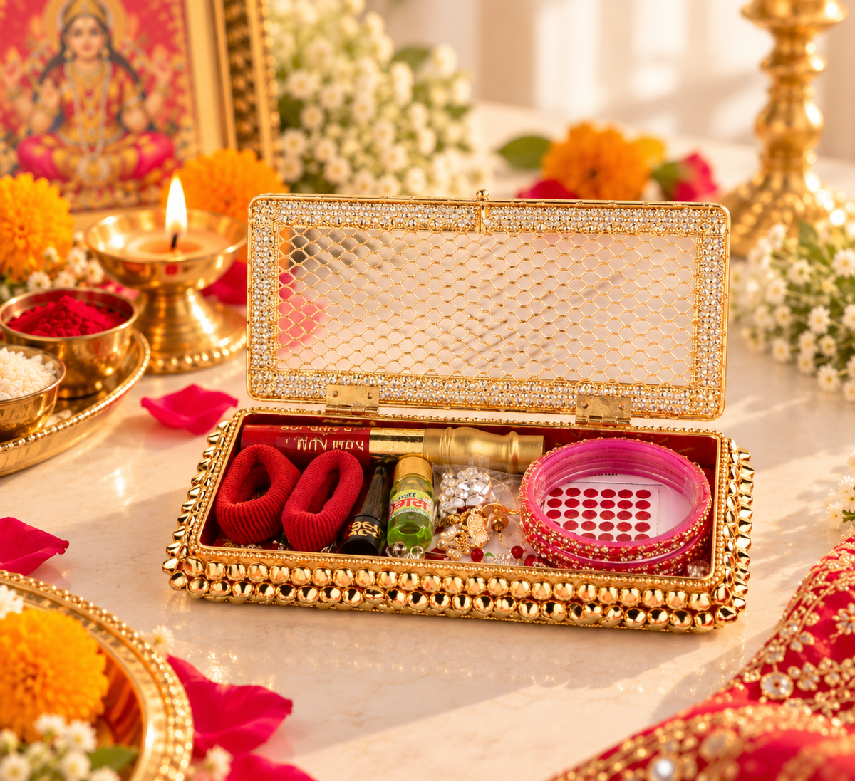 Premium Karwa Chauth Shringar & Pooja Gift Set with Decorative Box