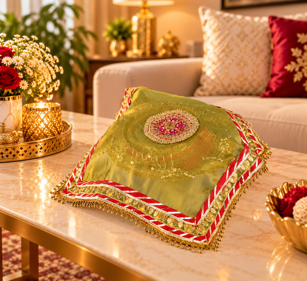 Green & Red Embroidered Pooja Thali Cover with Golden Lace