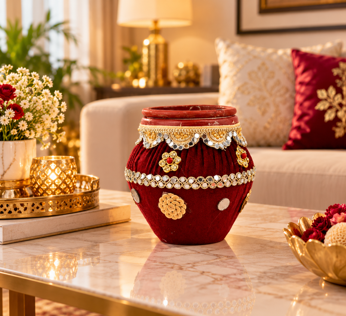 Maroon Velvet Decorative Karwa Chauth Pooja Set with Lid & Diya