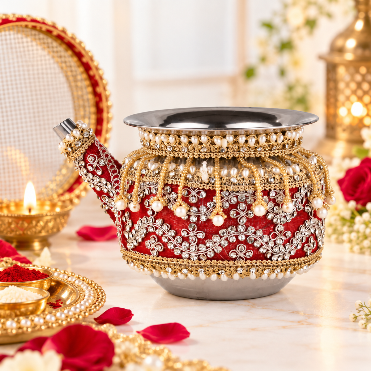 Red & Gold Decorative Karwa Chauth Kalash for Pooja
