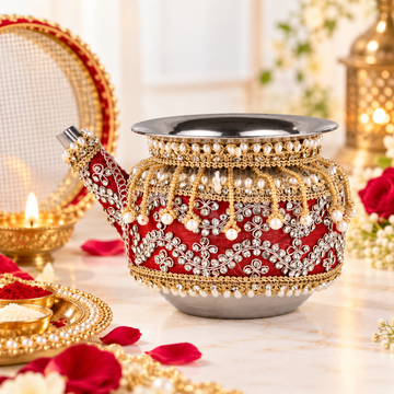 Red & Gold Decorative Karwa Chauth Kalash for Pooja