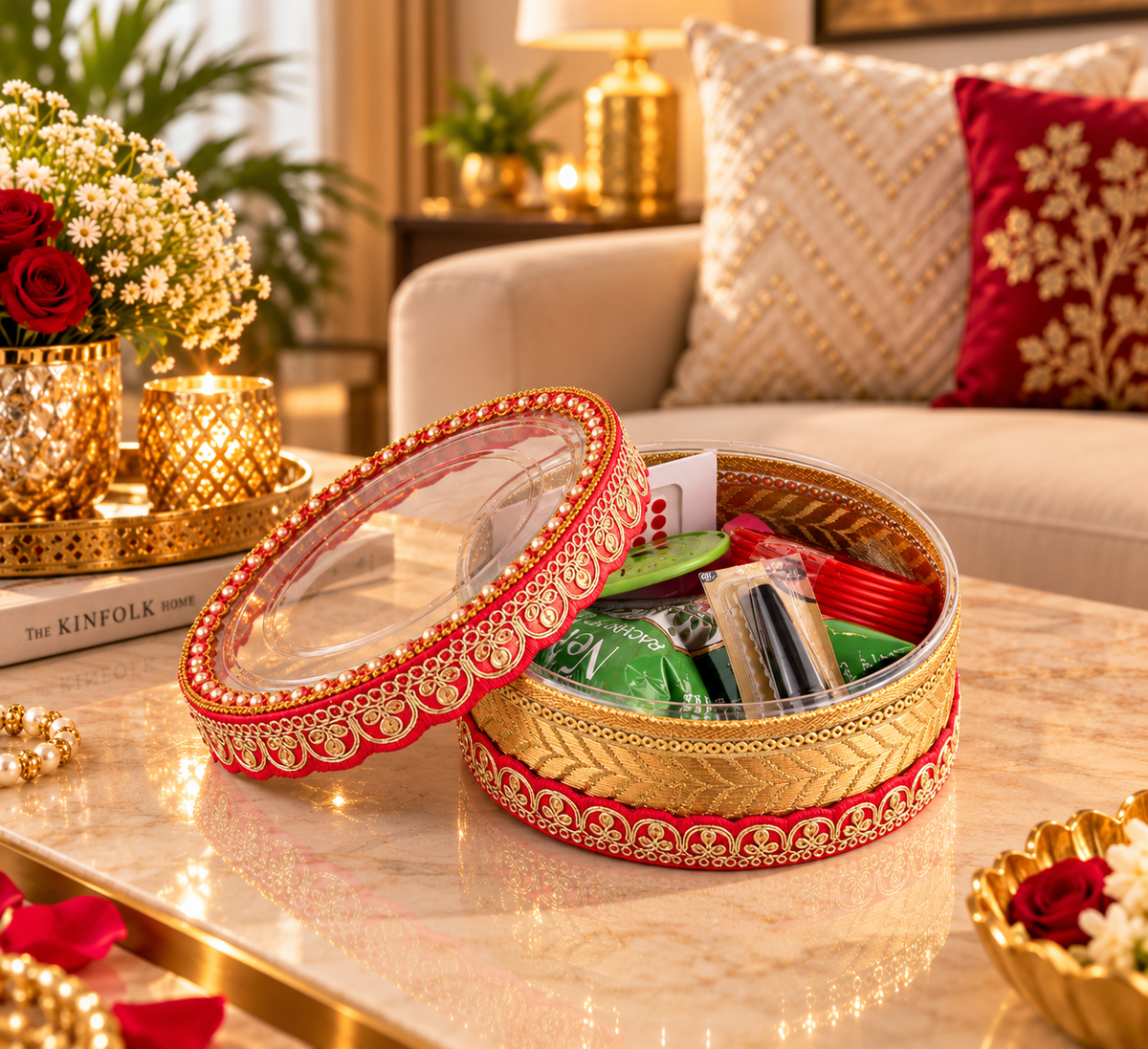 Karwa Chauth Pooja & Makeup Kit with Decorative Box | Traditional Festival Essentials Gift Set