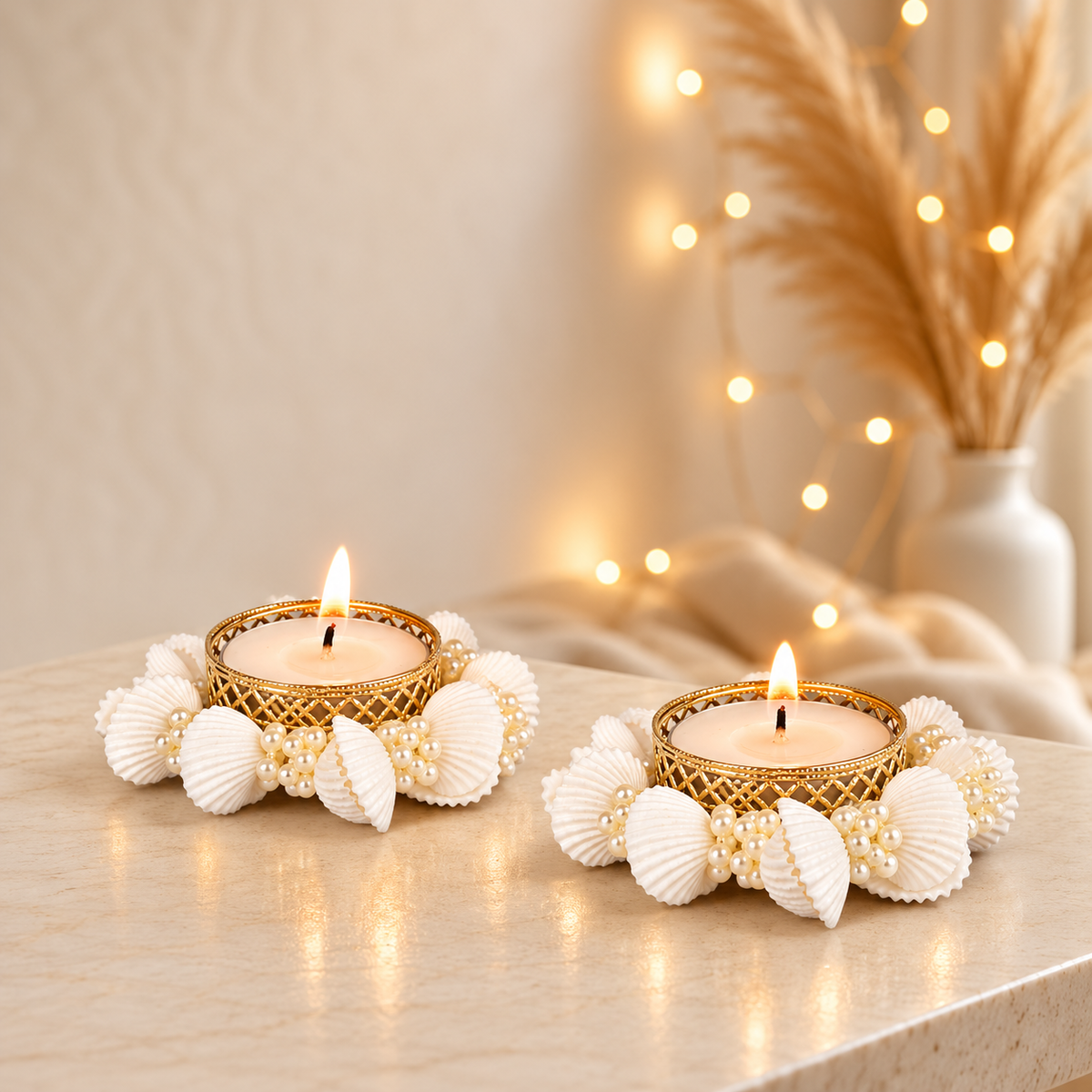 Pearl & Seashell Decorative Tealight Candles – Set of 2 Diya for Diwali Decor