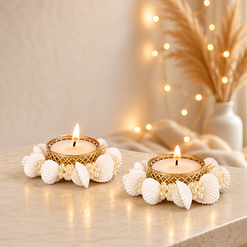Pearl & Seashell Decorative Tealight Candles – Set of 2 Diya for Diwali Decor