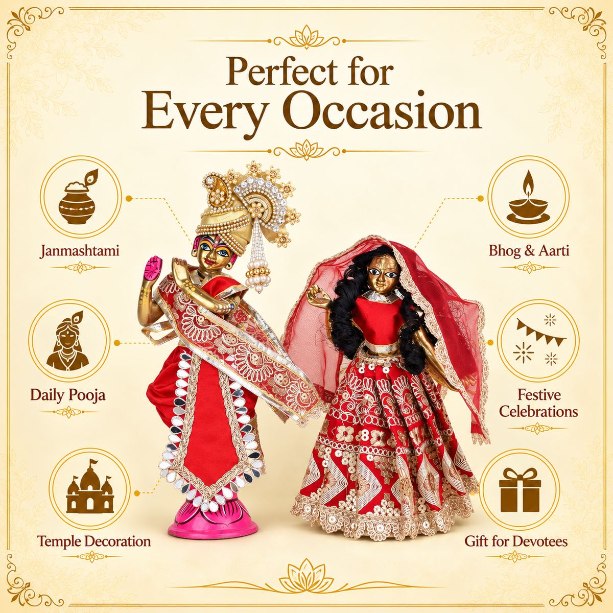 Radha Krishna Dress 7 Inch for 12 Inch Idol | Red Gold Poshak