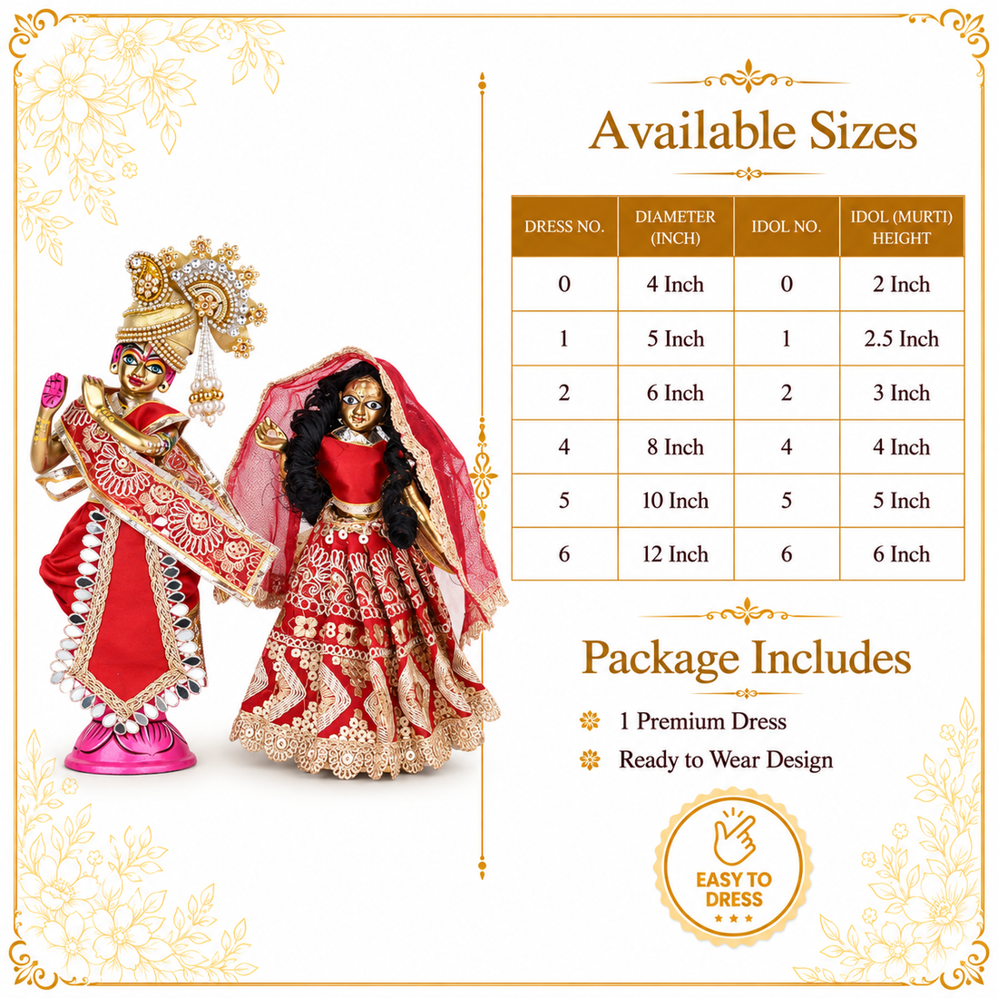 Radha Krishna Dress 7 Inch for 12 Inch Idol | Red Gold Poshak