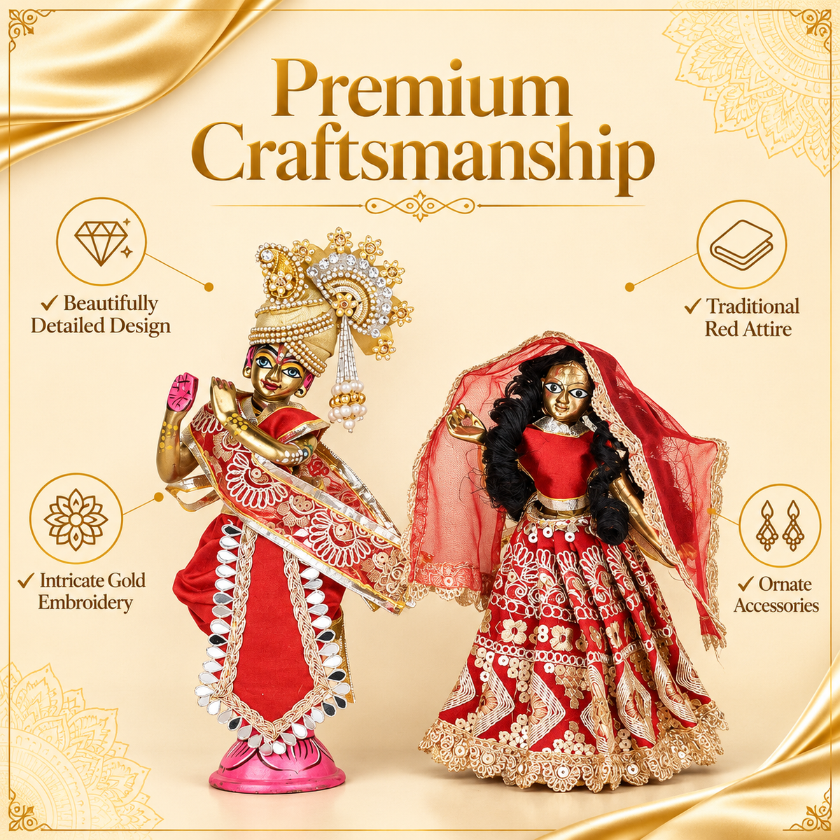 Radha Krishna Dress 7 Inch for 12 Inch Idol | Red Gold Poshak