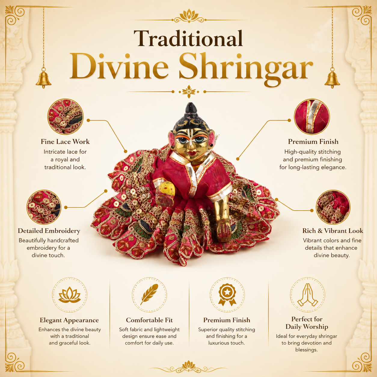Laddu Gopal Dress for 4 Inch Idol | Red Ethnic Traditional Poshak with Embroidery and Sequins