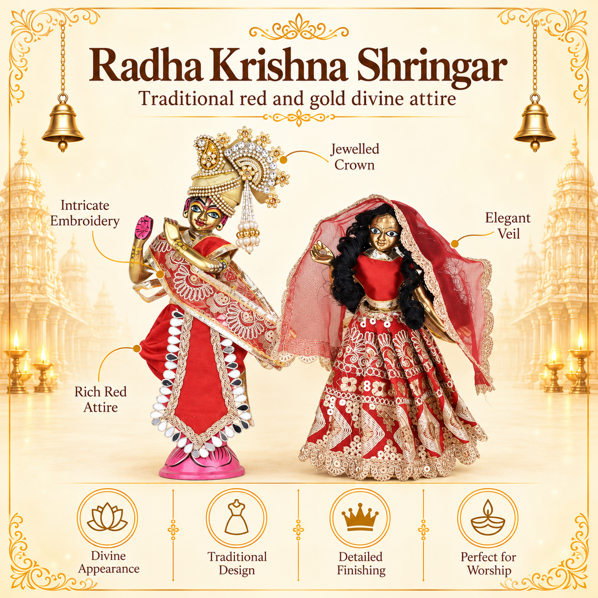 Radha Krishna Dress 7 Inch for 12 Inch Idol | Red Gold Poshak