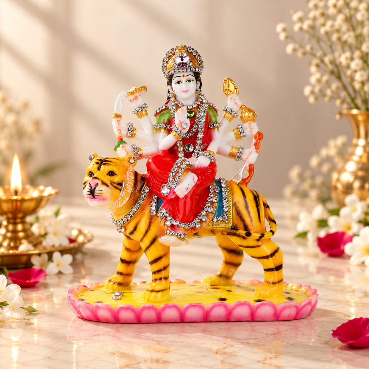 Goddess Durga Idol on Tiger – Polyresin Statue with Decorative Stones for Home Temple & Navratri | 7 inches