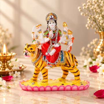 Goddess Durga Idol on Tiger – Polyresin Statue with Decorative Stones for Home Temple & Navratri | 7 inches