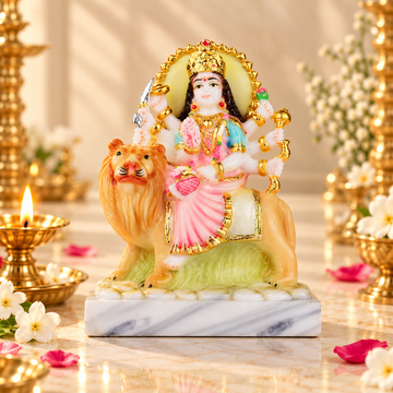 Divine Durga Maa Idol on Lion | 6.5 inches | – Handcrafted Polyresin Murti for Pooja, Home Temple & Gifting