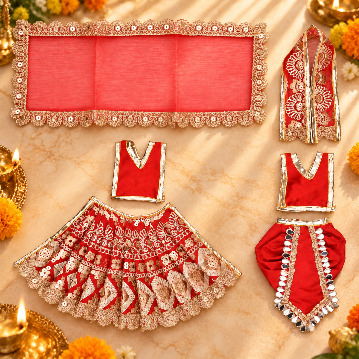 Radha Krishna Dress 7 Inch for 12 Inch Idol | Red Gold Poshak