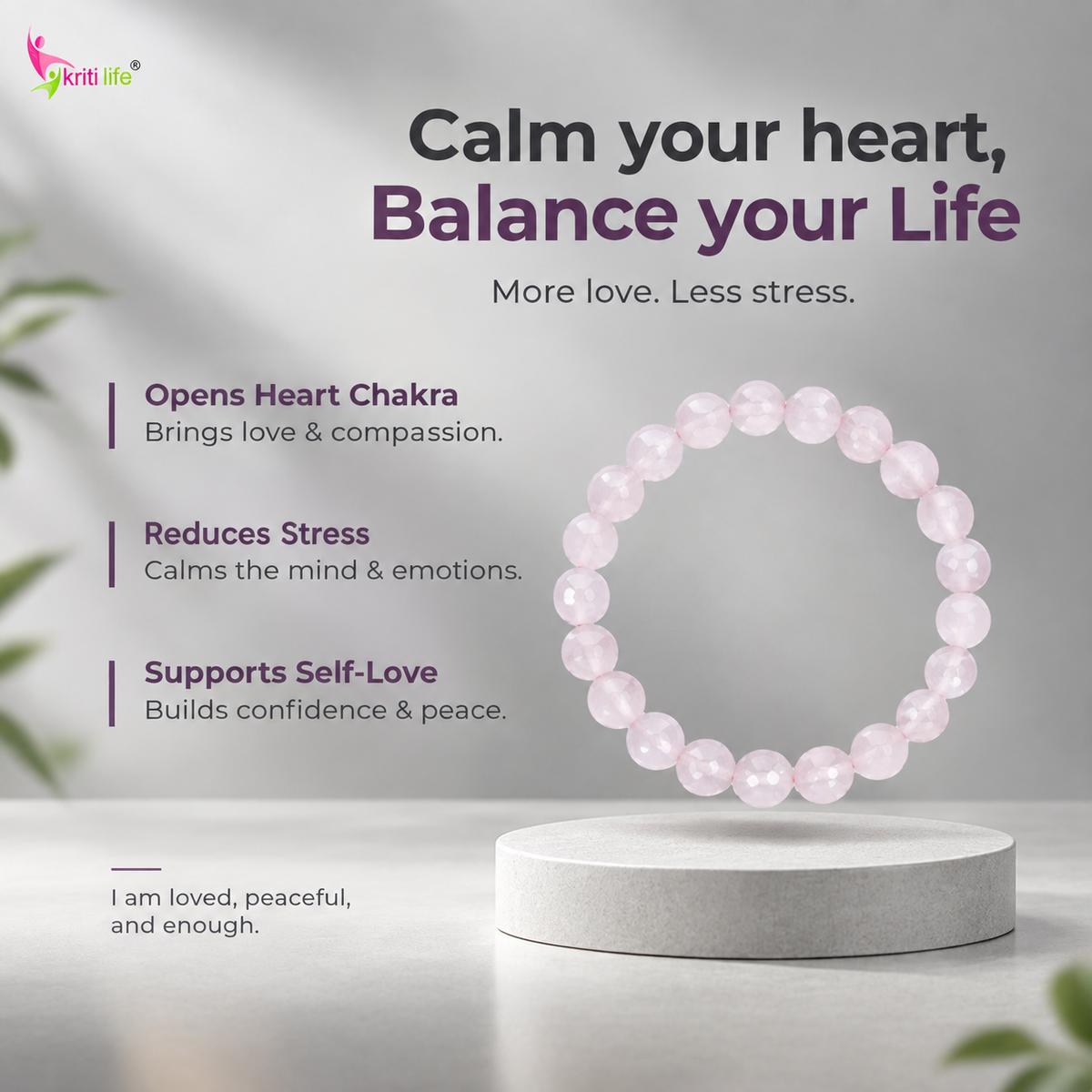 Natural Rose Quartz Crystal Stone Bracelet – Love, Healing & Harmony- 8mm