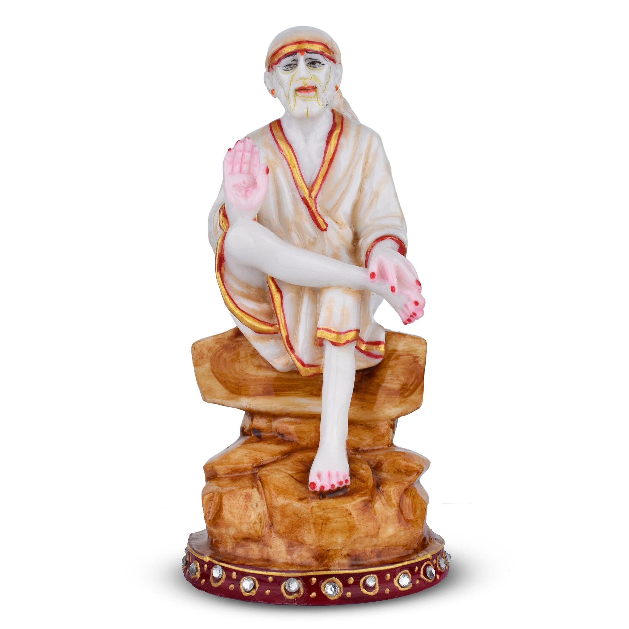 Blessing Sai Baba Idol in Marble Dust | 6 inches | – Sitting on Rock Design