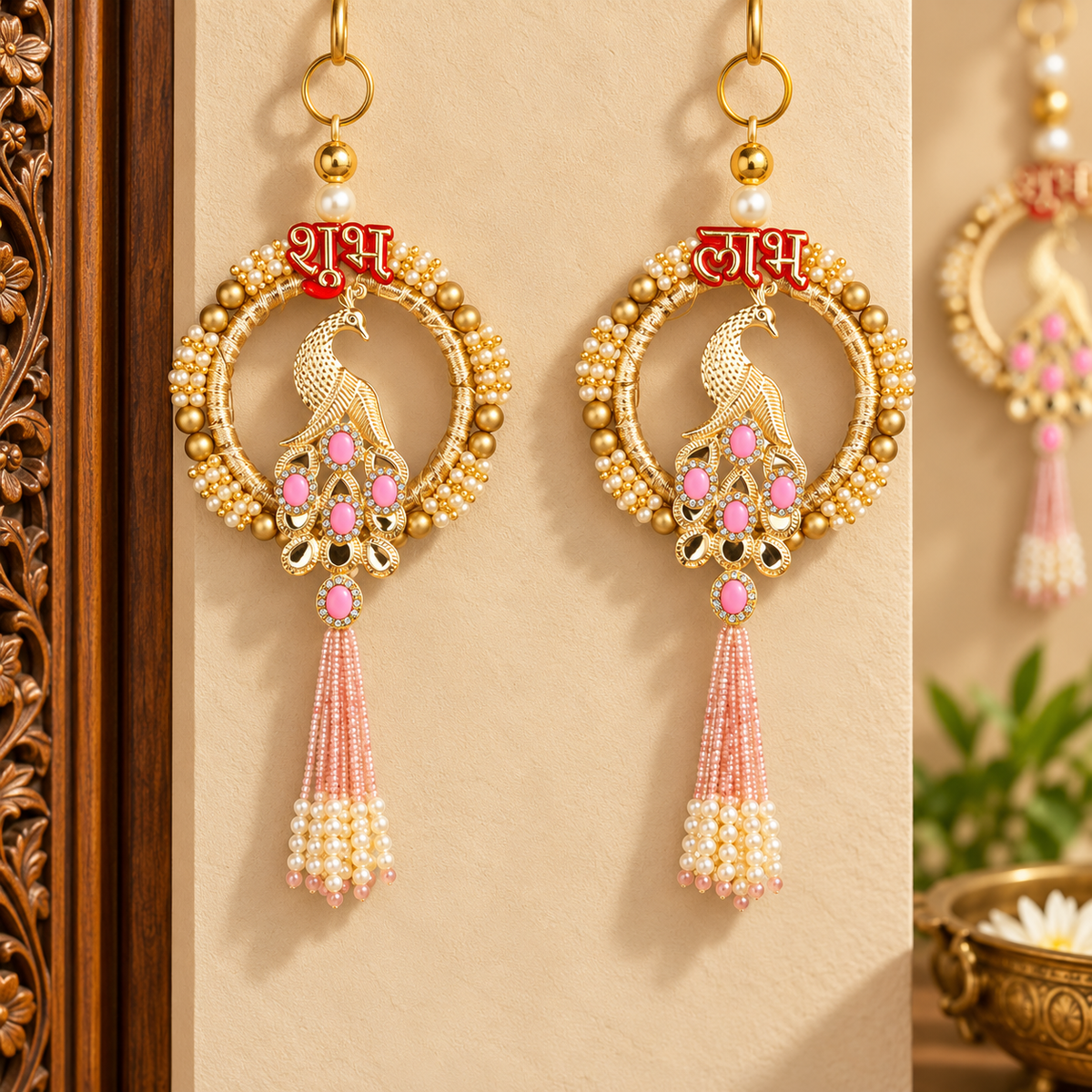 Shubh Labh Peacock Wall Hanging with Pearl Beads & Pink Tassels –  22 cm Hight