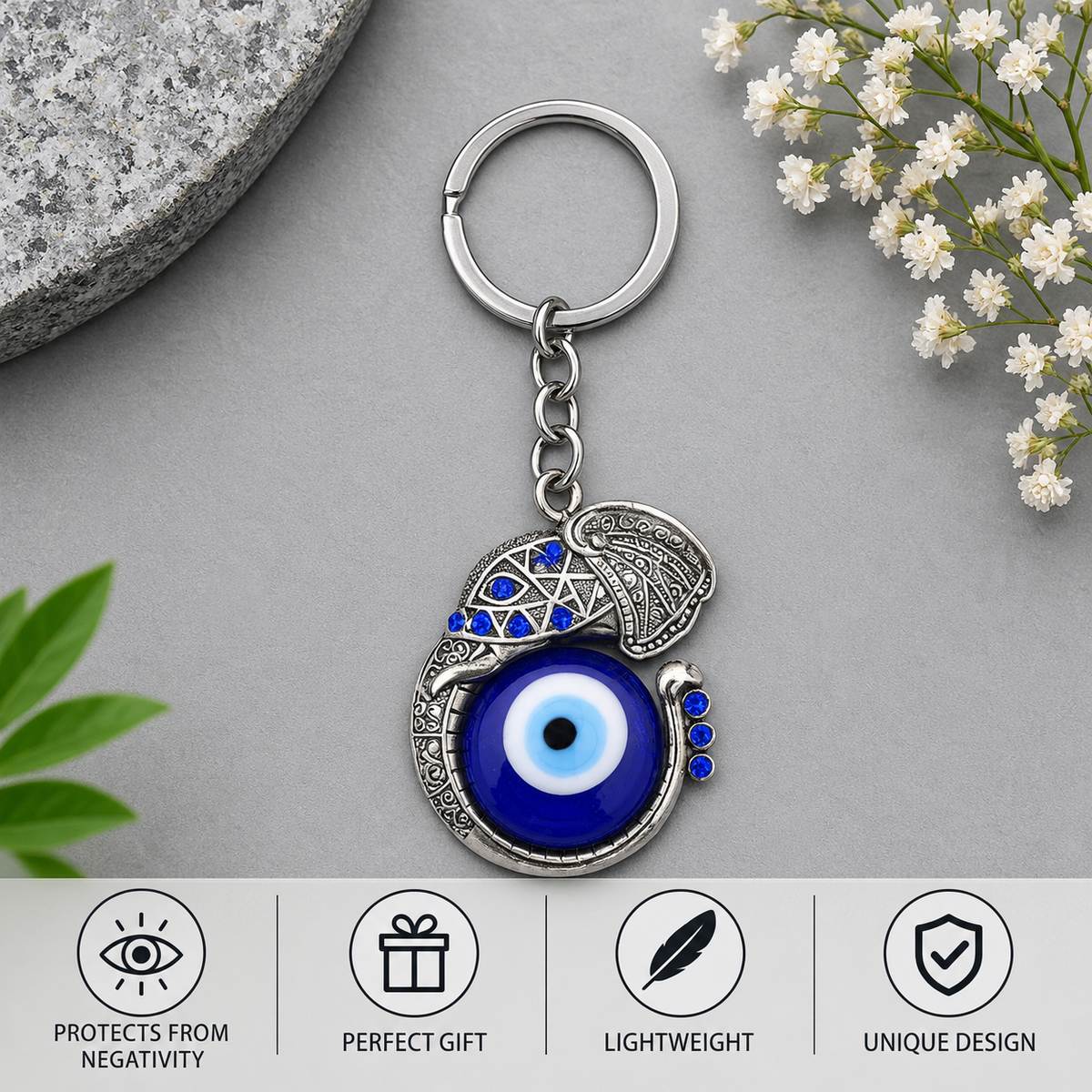 Elephant Evil Eye Keychain | Nazar Suraksha Keyring with Royal Elephant Charm for Luck & Protection-11 cm Hight