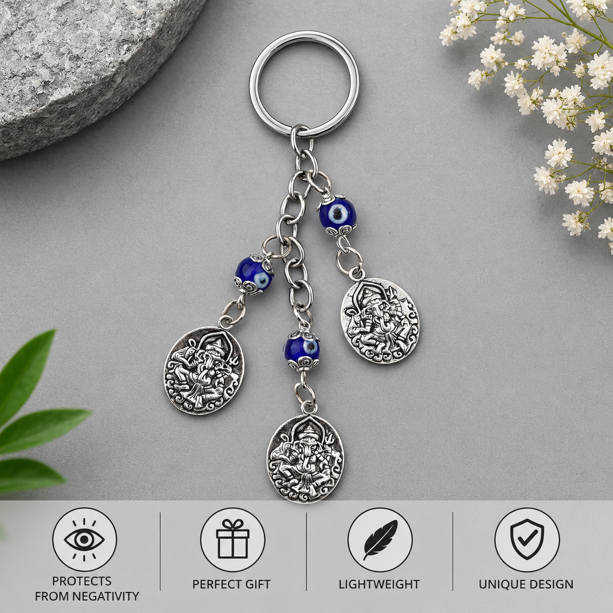 Ganesh Evil Eye Keychain | Nazar Suraksha with Ganpati Charms & Blue Protection Beads-13 cm Hight