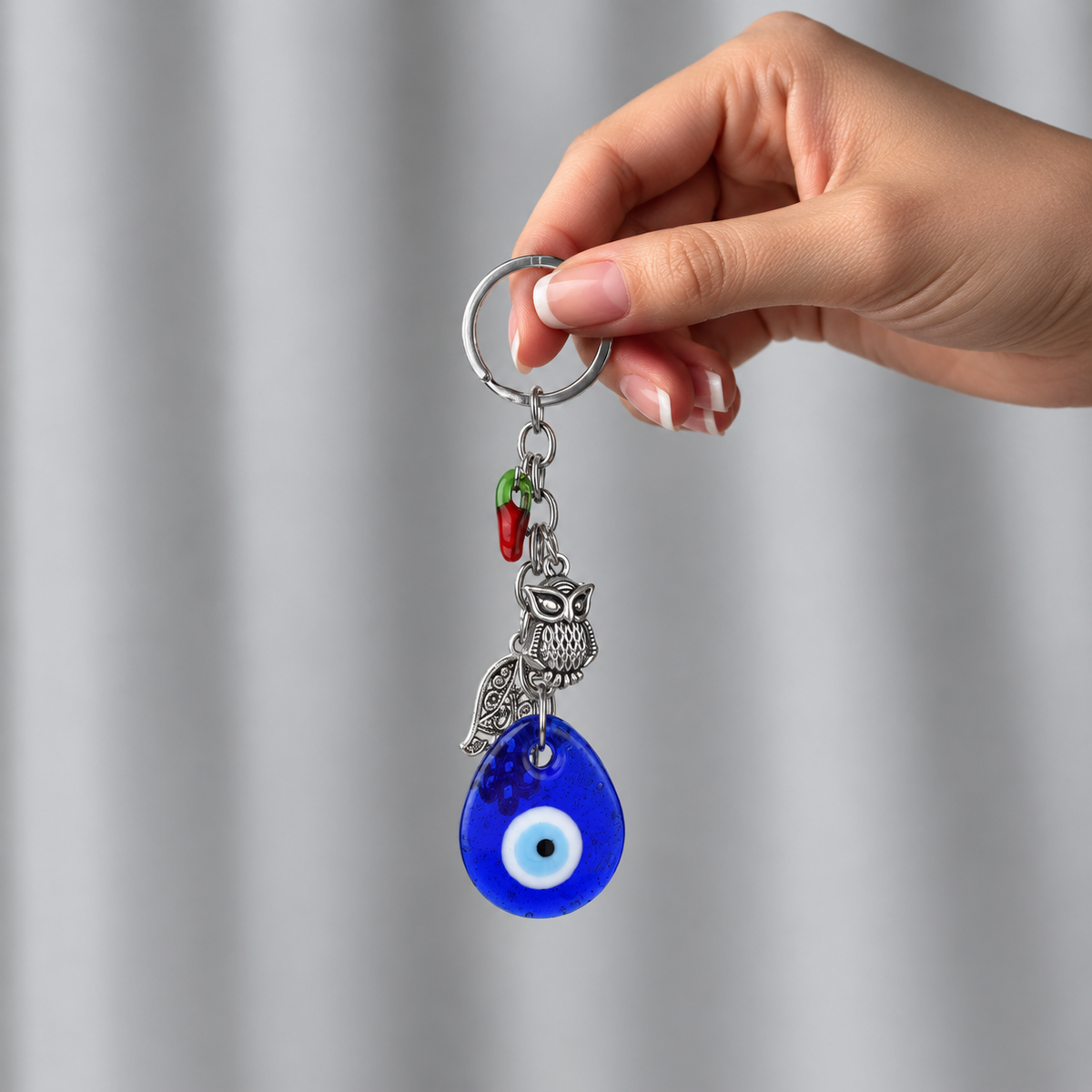 Evil Eye Keychain with Owl, Hamsa & Chilli Charm | Protection from Negativity & Stylish Accessory- 12 cm Hight