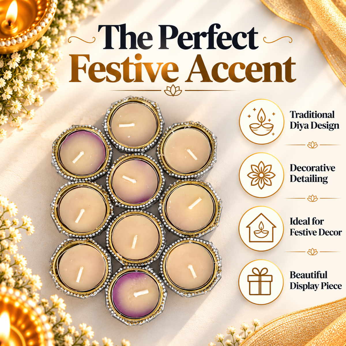 Silver Crystal Decorative Tealight Candles – Set of 10 Diya for Diwali Decor