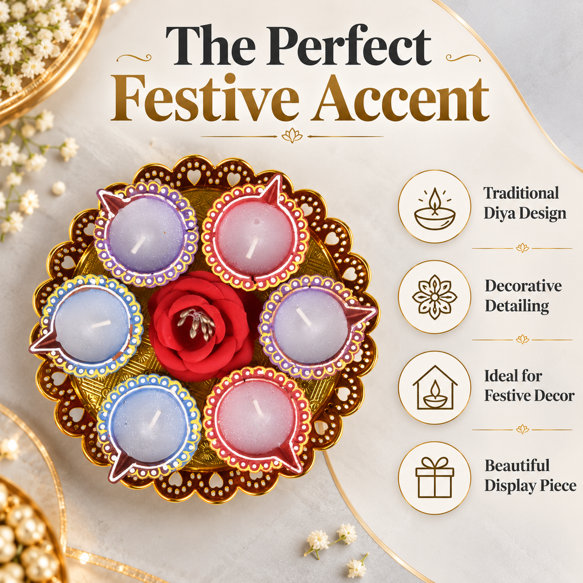 6 Multicolour Decorative Diya Set with Golden Thali for Diwali Decoration