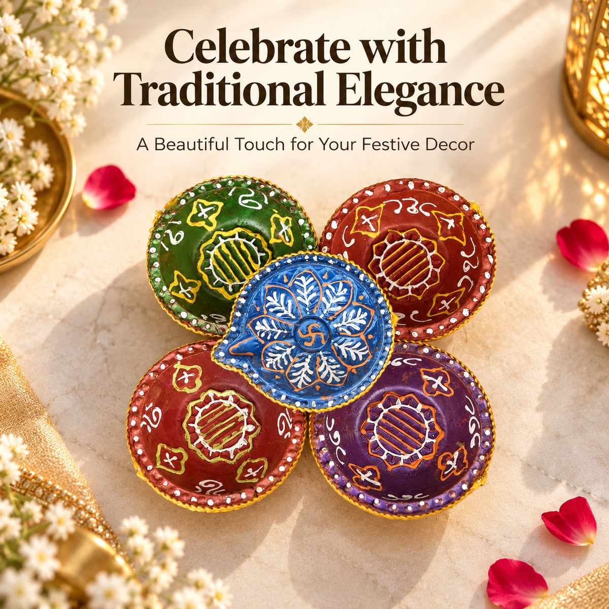 Multicolour Decorative Diya Set of 5 – Traditional Handpainted Style Diwali Diyas