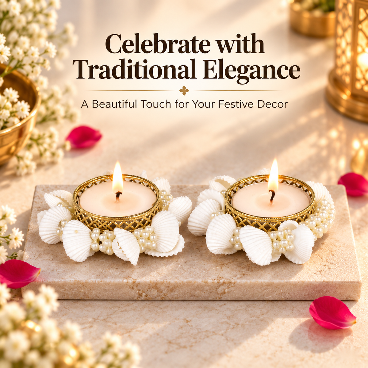 Pearl & Seashell Decorative Tealight Candles – Set of 2 Diya for Diwali Decor