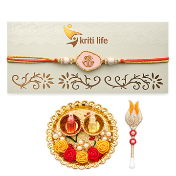 Handmade Lord Ganesha Rakhi with Pink Stone Gift Set with Roli Chawal Platter