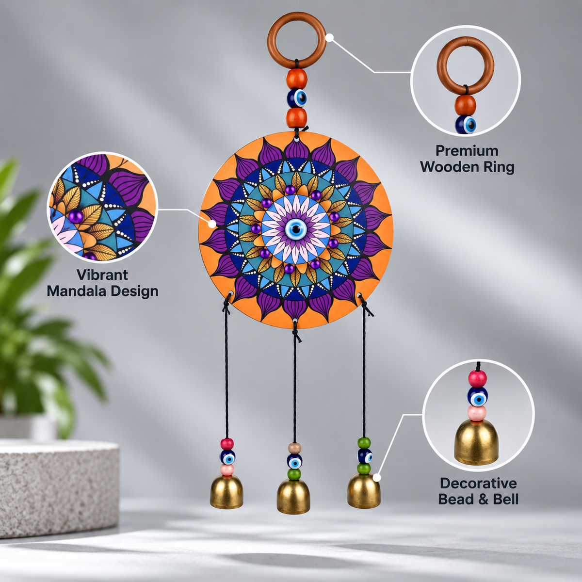 Evil Eye Hanging with Mandala Design | Wall Hanging with Bells for Positive Energy & Home Decor- 30 cm Hight