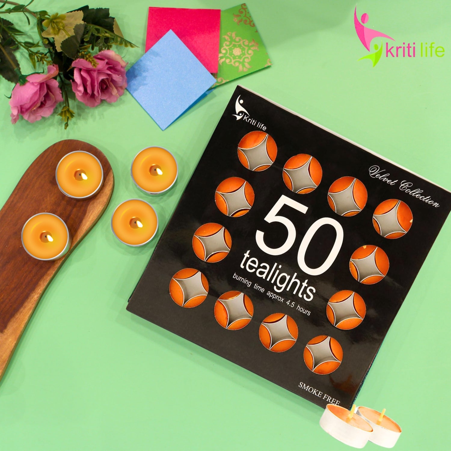 Buy 4.5-Hour Tea Light Candles | Long-Lasting, Eco-Friendly – Kriti Life, Set of 50pcs Candle (Orange)